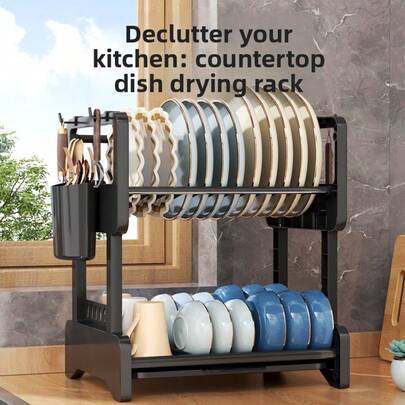 Égouttoir à double couche avec crochets pour ustensiles, panier égouttoir de grande capacité pour plan de travail de cuisine, égouttoir à vaisselle avec plateau d'égouttage pour bols, assiettes et tasses