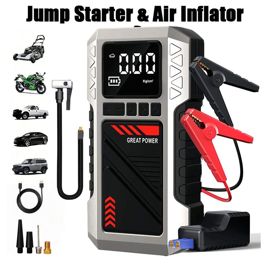 2026 重型汽车电瓶启动器 | 180PSI 数字轮胎充气泵，多功能汽车应急启动套件，峰值电流 8000A，12V 启动电缆和连接线，带 SOS 功能的 3 模式 LED 手电筒