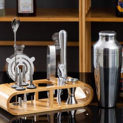 Set da 2 pezzi di shaker per cocktail in acciaio inossidabile / Set da 12 pezzi per barman / Supporto di stoccaggio in bambù / Tazza shaker per cocktail