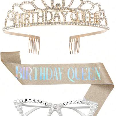 3件套女孩生日装饰套装，包括1条生日女王腰带、1个生日女孩皇冠、1个生日女孩发箍、1副生日女孩眼镜，闪亮时尚，适合作为生日派对礼物。