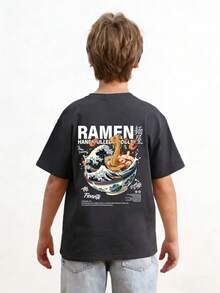 Camiseta infantil com estampa de desenho animado do Kanagawa Ramen, tecido macio e confortável, ideal para esportes ao ar livre, uso diário, estilo urbano e universitário. Uma peça casual e moderna para meninos na primavera e no verão. - Cinza escuro - Ver 2