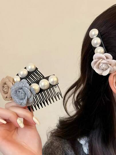 1pc Fashion Pearl Flower Hair Comb, Sweet & Fresh Non-Slip Hair Clip For Buns, Side Bangs In Spring/Summer
