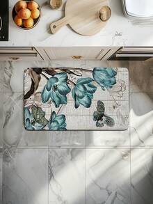 1pc Vintage Floral Print Kitchen Mat, Modern Flannel Rectangular Washable Decorative Carpet, Soft Absorbent Thickened Floor Mat, Foldable Easy Care Mat, Suitable For Kitchen, Entryway, Bathroom, Bedroom, Living Room, Dining Room, Indoor Non-Slip Rug, Home Decor, Holiday Gift, Rectangular Doormat, Essential Kitchen Accessory - Multicolor - View 4
