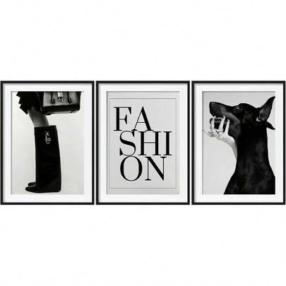 3 tranh canvas không khung, tranh nghệ thuật treo tường, đen trắng, phong cách hiện đại, chữ viết và ảnh chó săn Greyhound, tranh in tối giản phù hợp cho phòng khách, phòng ngủ, phòng trang điểm, quầy bar.