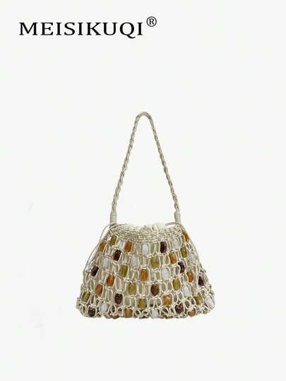 Túi đeo vai lưới dệt thủ công mới năm 2026, trang trí hạt đá tự nhiên nhiều màu sắc, kiểu dáng túi tote du lịch cổ điển khoét rỗng, thiết kế cầm tay thoải mái, mang đến cảm giác mùa hè trên bãi biển, lưới thoáng khí + túi dây rút bên trong, thiết thực và thời trang, phù hợp cho du lịch và hẹn hò, túi xách nữ cao cấp độc đáo, dễ dàng phối hợp với nhiều trang phục.