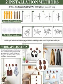 1/4 piezas Ganchos de pared de madera con forma de guijarro, ganchos para bata de baño, ganchos colgantes para decoración de habitaciones, sin necesidad de perforar - Marrón - Ver 5