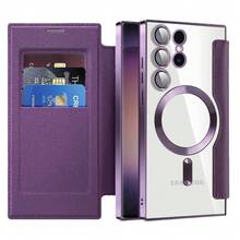 Premium Business Flip PU Leather Wallet Phone Case, Magnetic Electroplated Design With Card Holder & Lens Protection, Wireless Charging Compatible, Full Body Shockproof Cover Compatible With Samsung Galaxy S26Ultra S25Ultra S24Ultra S23Ultra S22Ultra A07 A017 A56 - Purple - View 7