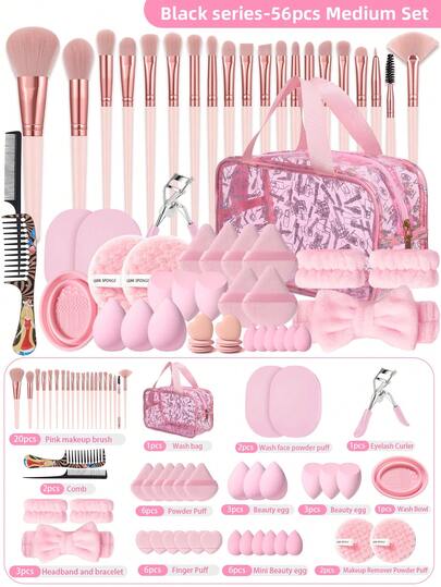56 piezas Juego de brochas de maquillaje, incluye brocha para sombra de ojos, brocha para cejas, brocha para base, brocha para polvo, brocha para rubor, brocha para corrector y brocha para iluminador, hechas de pelo sintético premium ultra suave, adecuadas para maquillaje facial diario. El set contiene brochas de maquillaje, juego de herramientas de maquillaje, kit completo de herramientas de maquillaje, set de brochas de maquillaje, estuche de regalo de maquillaje, etc., obsequios, brochas de maquillaje profesionales, set de maquillaje completo