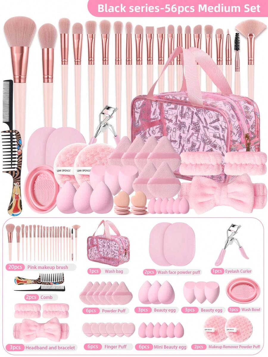 Bộ cọ trang điểm 56 món, bao gồm cọ tán phấn mắt, cọ kẻ lông mày, cọ nền, cọ phấn phủ, cọ má hồng, cọ che khuyết điểm và cọ highlight, được làm từ lông tổng hợp cao cấp siêu mềm, phù hợp cho trang điểm mặt hàng ngày. Bộ sản phẩm bao gồm cọ trang điểm, bộ dụng cụ trang điểm, bộ trang điểm đầy đủ, bộ cọ trang điểm, hộp quà tặng trang điểm, v.v., quà tặng, cọ trang điểm chuyên nghiệp, bộ trang điểm hoàn chỉnh. - Màu Hồng baby - Xem 1