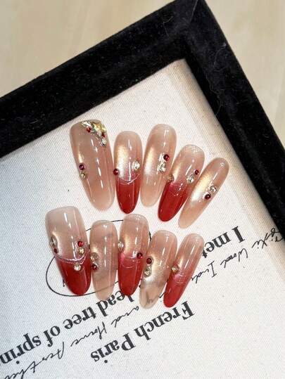 10pcs Handmade Nails Oval Nails Acrylic Press On Nails Long, Gentle Champagne Red Nails, Flashy Cateye, Handpainted Irregular Lines Nail Gems Small Rhinestone Diamond Star Inlaid, Edgy Elegant Simple Spring Fake Nails, Summer Nails, Party Daily & Dating Use Beach Tropical Getaway Suitable,DIY False Nail Art Suitable For Women & Girls As Gift Nail Supplies
