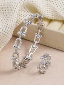 1 Set de joyería de metal con cadena en forma de U estilo retro de lujo, pulsera abierta y anillo con exquisitos rhinestones, adecuado para uso diario y como regalo para mujeres - Plateado - Ver 9
