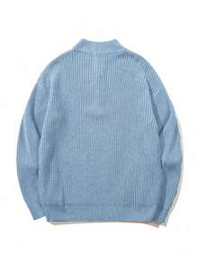 Women's Simple Ribbed Solid Color Casual Korean Textured Commute Loose Versatile Stand Collar Zipper Half-Placket Pullover Long Sleeve Sweater, Spring/Autumn/Winter - Baby Blue - View 7