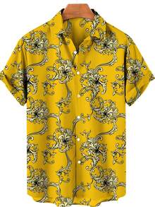 Golden Floral Compass Pattern Radiates Symmetry Symbolizing Direction Wisdom And Elegance For Confident Style 3D Printed Mens Short Sleeve Button Down Shirt - A508D-aT22877 - View 1