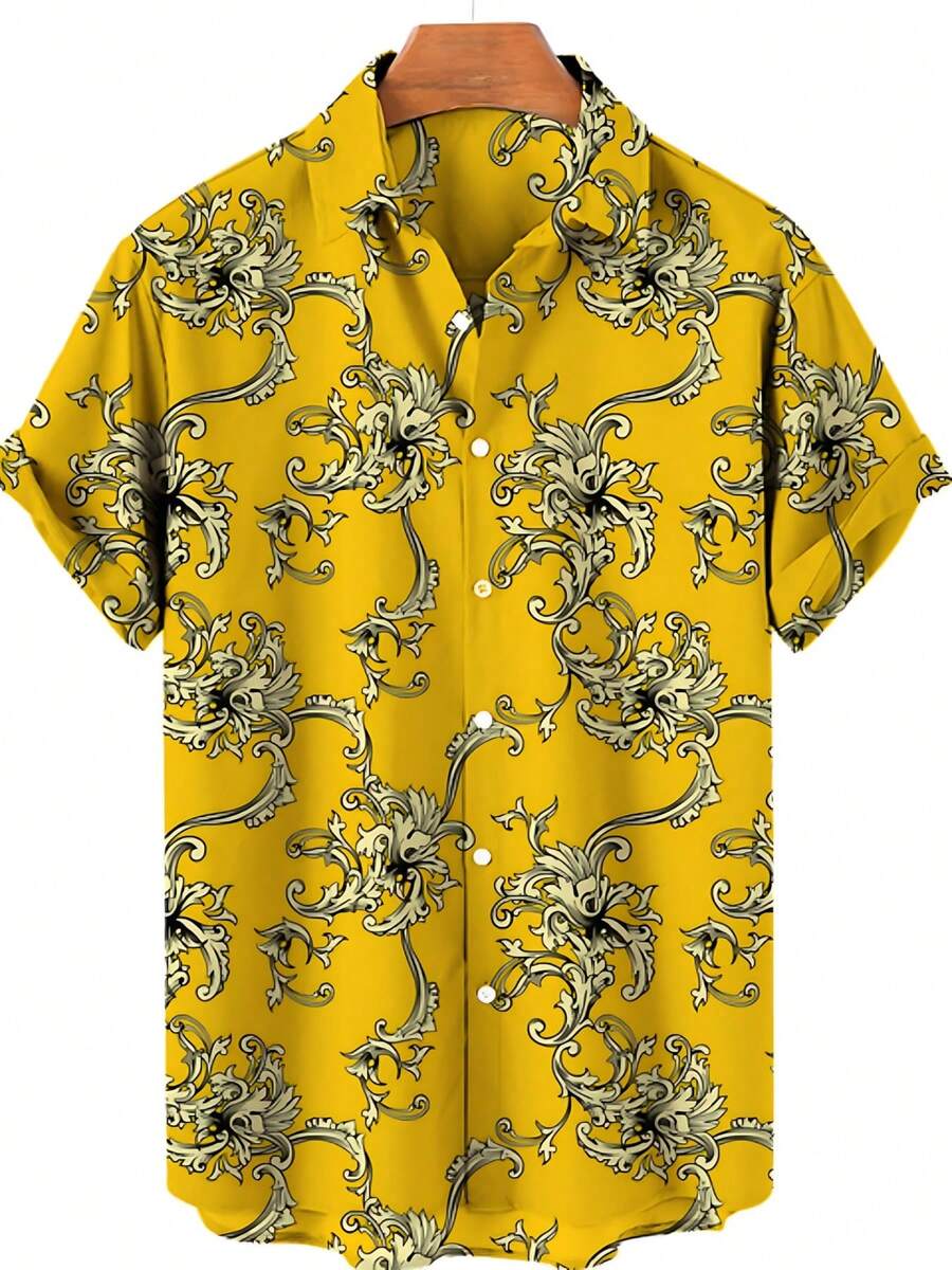 Golden Floral Compass Pattern Radiates Symmetry Symbolizing Direction Wisdom And Elegance For Confident Style 3D Printed Mens Short Sleeve Button Down Shirt - A508D-aT22877 - View 1