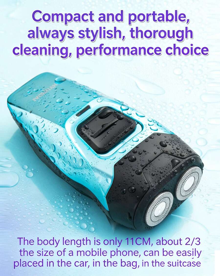 HYUNDAI Afeitadora flotante 3D de doble cabezal YS702, para uso en seco y húmedo, recargable mediante USB tipo C, batería de 600 mAh, totalmente lavable, resistente al agua y portátil. - Azul - Ver 1