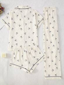 Bộ đồ ngủ nữ 3 món kiểu áo choàng nhăn, in hình bướm, cổ ve áo. - Màu be - Xem 2