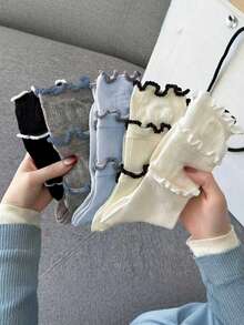 5双装蛋糕蕾丝袜 - 三层蕾丝设计优雅中筒袜，趣味女袜，春夏薄款中筒袜，网眼设计，轻盈透气速干袜，堆堆袜（适合夏季穿搭） - 彩色 - 查看 5