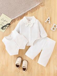 婴儿洗礼套装，男婴绅士套装 - 白色长袖连体衣 + 背心 + 裤子套装 - 白色 - 查看 1