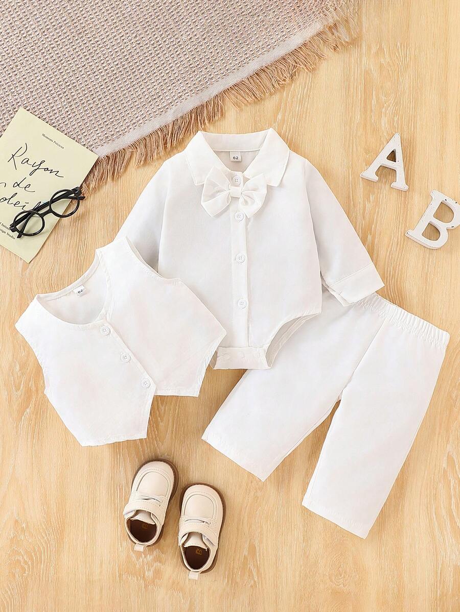 婴儿洗礼套装，男婴绅士套装 - 白色长袖连体衣 + 背心 + 裤子套装 - 白色 - 查看 1