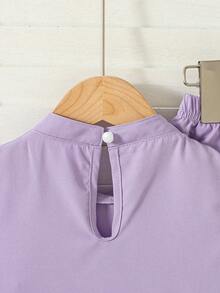 2件套女童休闲纯色蝴蝶结装饰圆领无袖上衣和长裤夏季套装 - 紫色 - 查看 4