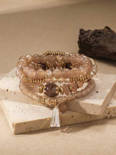 4pcs Fashionable, Sexy, Elegant Faux Crystal Beaded Bohemian Bracelet Set, Suitable For Daily, Commute, Casual, Beach Wear, Perfect Holiday Gift