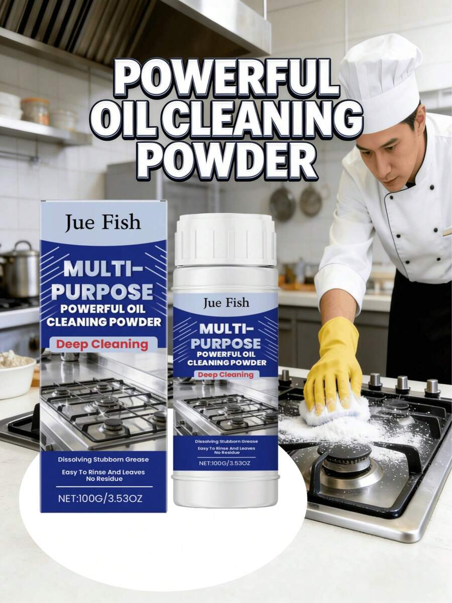 JUE FISH Multi-Purpose Kitchen Cleaning Powder, Cleans Grease, Stove, Cookware, Removes Oil Stains, Degreases, Descales, Suitable For Cleaning Oven, Stovetop, Dishware - Powdery - View 1