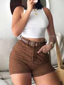 Cute Boho Style Straight Leg Denim Shorts, Medium Stretch, Button Pockets, Suitable For Women Casual Summer - Brown - View 3