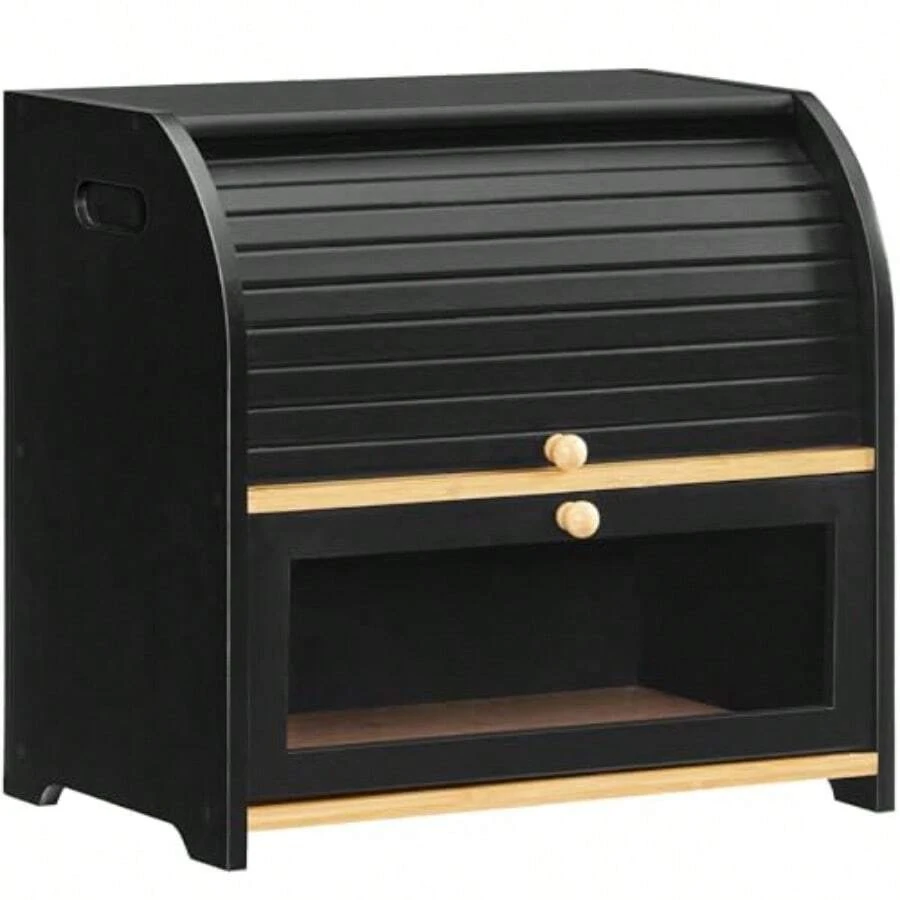 Bread Box Bamboo Bread Box For Kitchen Countertop 2 Tier Roll-Top Bread Bin Food Storage Box Large Capacity Keeper Wooden Storage Cabinet For Kitchen Dining Room Black BK13MB01 - 黑色 - 查看 1