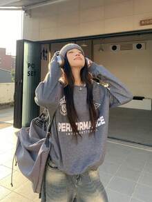 Sudadera holgada de manga larga con caída de hombros y patrón de letras, de color contrastante, para mujer, para primavera - Gris Oscuro - Ver 3