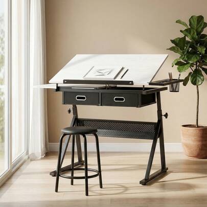  HOMCOM Tavolo da Disegno Inclinabile Altezza Regolabile con Sgabello, Scrivania per Disegno e Lavoro con Cassetti, Ripiano Portaoggetti per Pittura Ingegnere Scrittura Artisti Architetti, Bianco