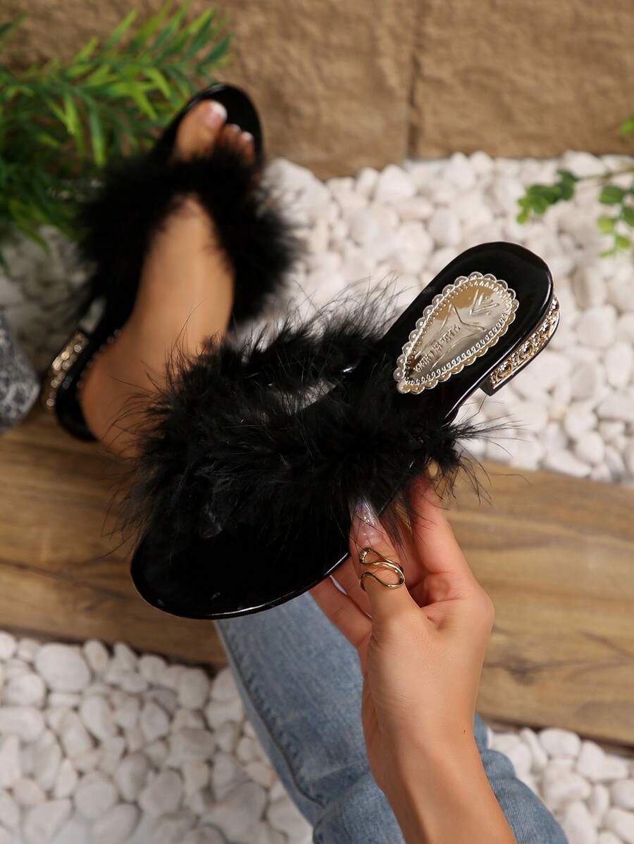Giày sandal cao gót nữ, sandal cao cấp có quai xỏ ngón, sandal da PU đính lông vũ dự tiệc. - màu đen - Xem 1