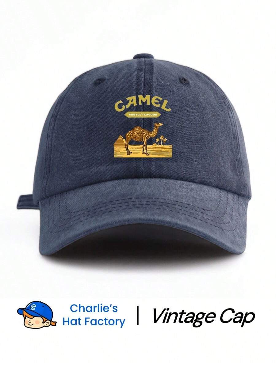 1pc Unisex Vintage Washed Baseball Cap - Retro Camel & Pyramid Pattern - Provides Earthy Tones (Navy Blue, Black, Khaki, Coffee) And Vibrant Colors (Burgundy, Light Pink, Orange) - Soft "Denim Look" Dad Hat Suitable For Outdoor Adventure And Gifts - 駱駝 - 查看 1