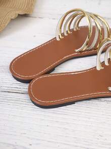 Women's Criss-Cross Rhinestone Decor Contrast Color Slip-On Flat Sandals, Beach Resort Avant-Garde Bohemian Casual Sexy PU Leather Rhinestone Ladies Flat Sandals, Summer - Gold - View 3