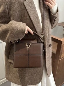 女士手提包，时尚拼接托特包，多功能通勤单肩包 - 咖啡 - 查看 5