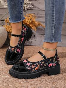 Nouvelle boucle à fleurs style chinois en 1 pièce seul morceau, chaussures épaisses brodées de style national - Noir - Voir 2