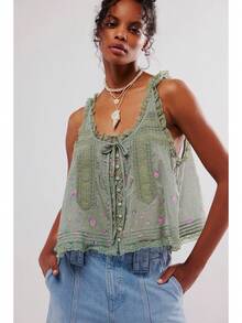 2026 Nuevo Top de Verano para Mujer, Camisola Ajustada de Color Sólido con Ribete de Encaje y Botones - Verde - Ver 2
