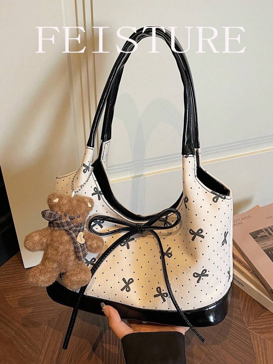 1pc Bow Print Women's Shoulder Bag, Fashionable Underarm Bucket Bag, Suitable For Daily Outing, Dating, Commuting
