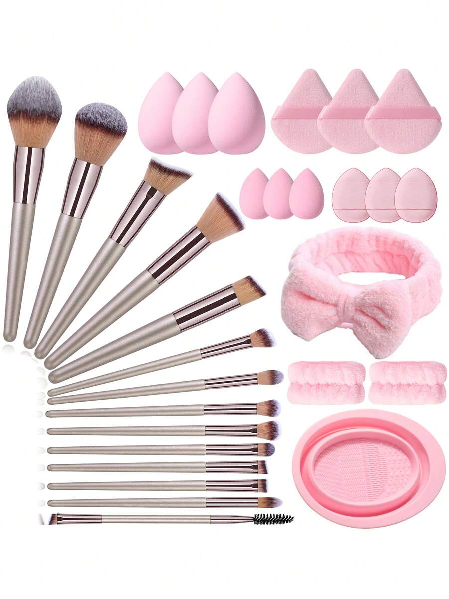 Bộ dụng cụ trang điểm 30 món bao gồm: 14 cọ trang điểm + 3 bông mút trang điểm + 3 bông mút trang điểm mini + 3 bông phấn tam giác + 3 bông phấn dạng cushion mini + 2 dây đeo bát đựng phấn + 1 băng đô cài tóc + 1 dụng cụ vệ sinh cọ trang điểm - Nhiều màu - Xem 1