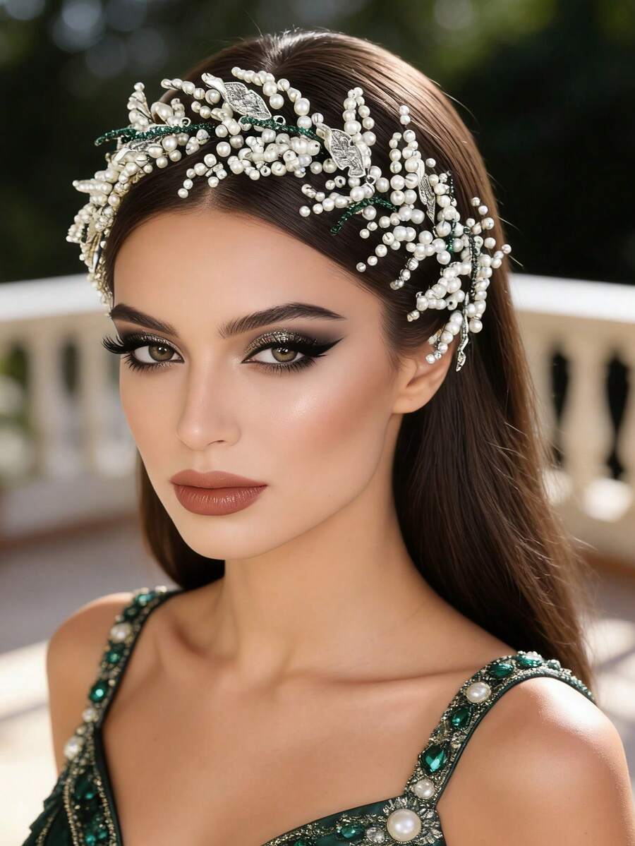 1pc Elegant Silver Pearl Handmade Hair Chain, Bridal Wedding Headpiece - Black - View 1