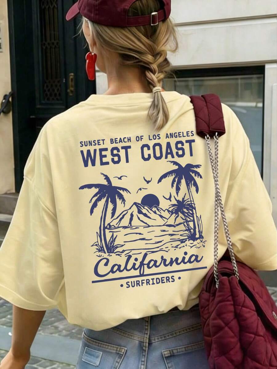 女士新款夏季休闲圆领短袖T恤，简约百搭棕榈树标语印花图案T恤，适合日常穿着和度假。