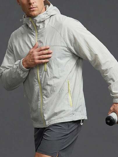 1pc Rhinoceros White Men's Jacket, Lightweight Soft Hooded Sweatshirt, Men's Thin Jacket With Anti-Lost Zipper On Chest, Machine Washable, Suitable For Summer Daily Wear, Light Exercise, Commuting, Outdoor, Fishing, Running