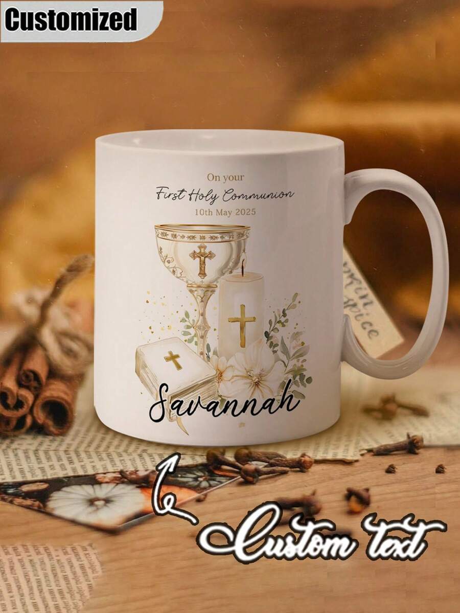 Customized Personalized Text Religious Communion Mug, White Ceramic Communion Coffee Cup, Religious Theme, Unisex Unique Gift, Thanksgiving Gift, Holiday Gift, Religious Theme Mug - Multicolor - View 1