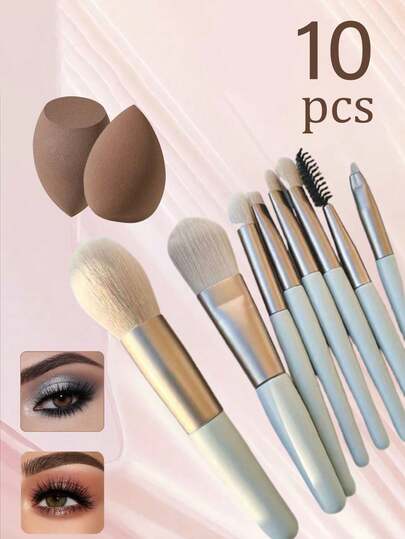 10件套化妆刷套装，便携式眼影腮红刷套装，清洁海绵工具，化妆海绵，化妆工具套装包含8支化妆刷+2个化妆海绵，散粉刷，眼影刷，眉刷，粉底刷，腮红刷，调色刷，遮瑕刷，化妆海绵，化妆海绵，柔软刷毛化妆刷