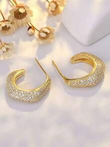 女士时尚金色C形耳环，镶满水钻的铜质耳环，奢华派对首饰 - 金色 - 查看 4