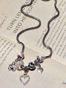 1pc Classic Swan Heart Charm Necklace, Retro Heart Necklace, Crystal Heart Swan Necklace - A - 查看 2