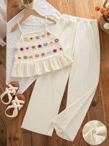 2pcs Girls Casual Solid Color Sleeveless Top With Ruffle Trim And Solid Color Pants Set, Spring/Summer - Apricot - View 1