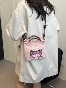 1pc Women's Handbag, Detachable Shoulder Strap, Multi-Color Nylon + Leopard Bow Embroidery + Drawstring Design, Nylon Material, Mini Tote Shoulder Crossbody, Drawstring Closure, Sweet & Cool Girl Style Bucket Bag, Suitable For Daily, Commute, Casual, Date - Multicolor - View 6
