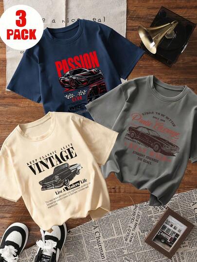 3件套夏季新款简约趣味赛车字母印花组合，休闲圆领短袖T恤，时尚百搭女式上衣