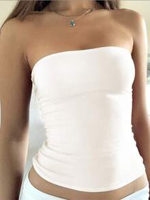ZOREA Summer New Women's Strapless Top, Sexy, Casual, Vacation, Slim Fit, Short Crop Top, Sleeveless Top, White Top, Summer Top, Music Festival Party,Daily Wear - Beige - View 5
