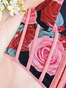 Adjustable Strap Rose Print Waist Cincher Top For Women - Pink - View 10